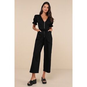 Lulus Incredible Cutie Black Twill Puff Sleeve Zip-front Jumpsuit - Size L